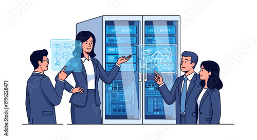 Business people discussing in front of server room