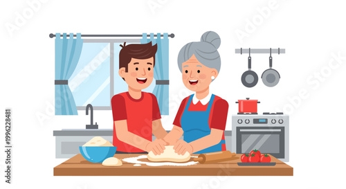 Smiling senior woman and young man baking together in kitchen