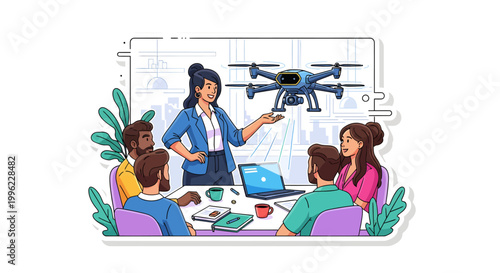 woman explaining drone technology to students in classroom