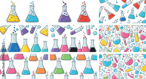 Laboratory glassware collection with colorful chemical flasks test tubes and science elements isolated on light background vector illustration set