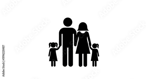 Simple Black Silhouette of a Family with Two Children.