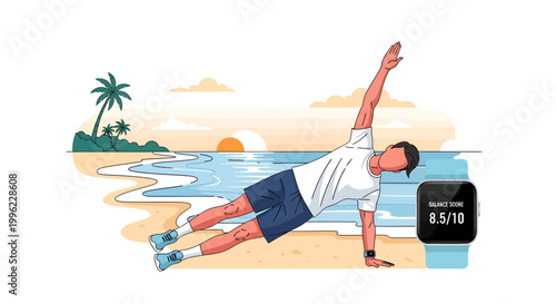 man doing side plank on beach with smartwatch
