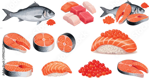Salmon fish and seafood collection with fillets steaks sushi and red caviar isolated on light background food vector illustration set