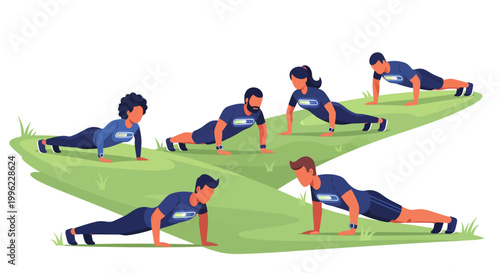 people doing push-ups in green grass outdoors fitness exercise