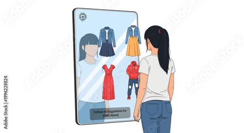 woman looking at virtual clothing on screen
