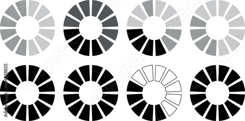 Circular Loading Progress Indicators Set in Black and Gray Segments Isolated on White Background