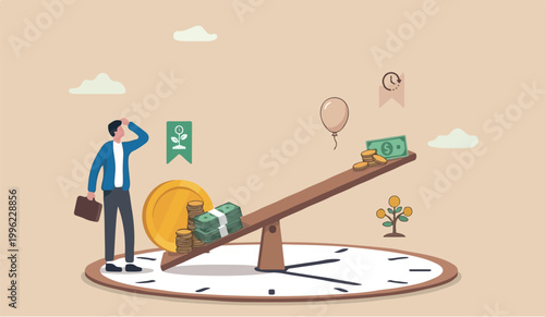 Time value inis this the to of money, sum of money worth more now at present time than future, inflation or earning cost, value depend on time, businessman investor holding money big and small coin on