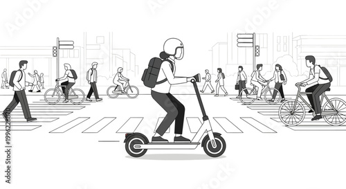 City commuter riding electric scooter with people walking and cycling