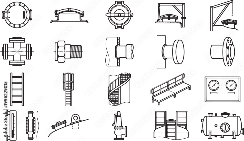 Fototapeta premium Illustration of an assortment of industrial components, meticulously rendered in a clean, professional style. Showcasing the intricacies of design, inviting a closer look.