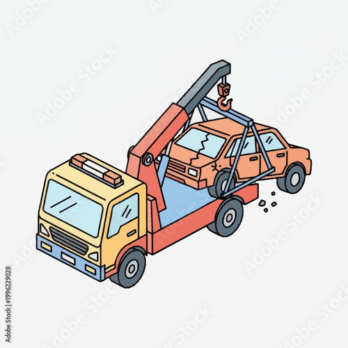 Tow Truck Hauling Damaged Car Illustration.