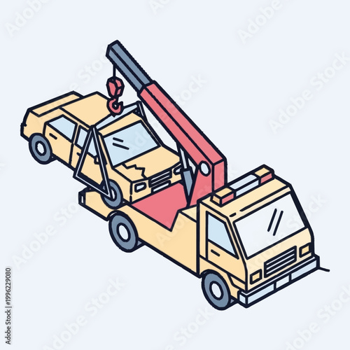 Yellow tow truck lifting a damaged car for transport.