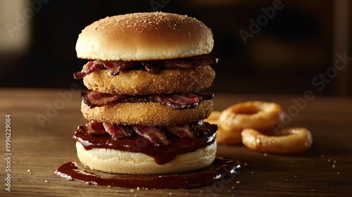 Towering Double Bacon Burger with Crispy Onion Rings and Savory Sauce, Delicious Fast Food