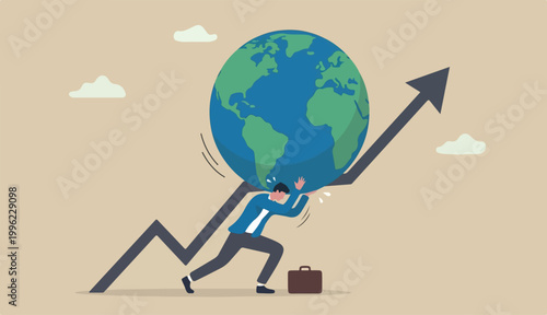 Pushing world economic forward, international investment, growth company success or world afford business competition concept, businessman in leader push world rising central bank up graph full effort