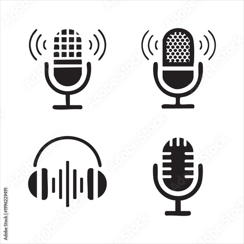 Doodle style podcast icons featuring vintage microphones and headphones for audio content creation.