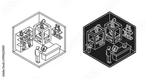 3D printing lab icon set with isometric outline and solid styles, white background, vector Illustration