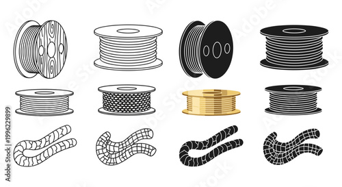 Filament spool icon set with 3D printing wire and rope, white background, vector Illustration