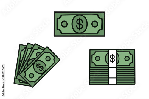 Money banknotes vector icon showing single bill, stack, and fan of cash for financial concepts.
