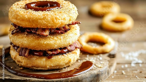 Stacked Donut Burger with Crispy Bacon and Sweet Sauce, Gourmet Fast Food Concept