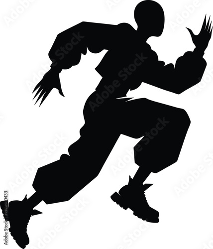 Silhouette of athletic person running in urban streetwear attire.