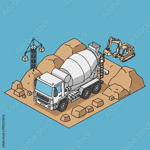 Concrete mixer truck and excavator on construction site isometric view.