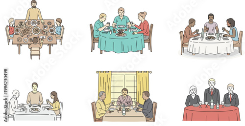 People Dining Together Collection with Family Meals, Friends Gathering, and Restaurant Scenes for Social Lifestyle, Celebration, and Food Illustration