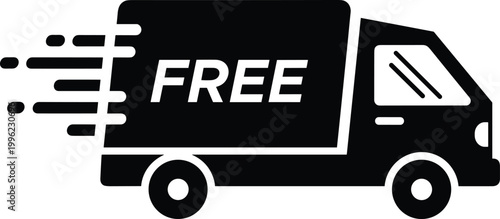 Fast delivery truck silhouette with motion lines and bold FREE text, symbolizing shipping service, online shopping promotion and speedy transportation concept illustration
