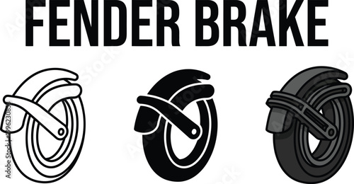 Fender brake icons set of three vector illustrations in outline solid black and grayscale for scooter or bicycle parts isolated on white