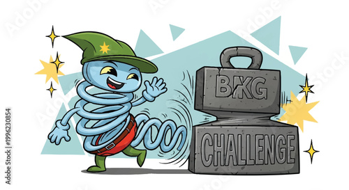 Cartoon spring character challenges weightlifting concept