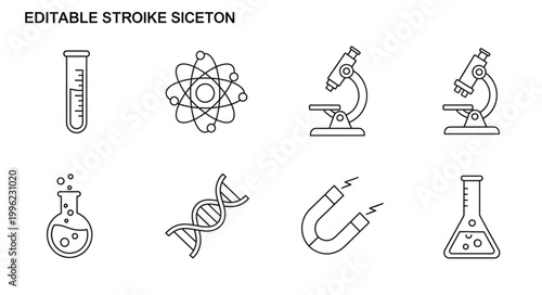 Science Icons Set Featuring Laboratory Equipment and Scientific Symbols.