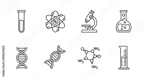 Collection of science and chemistry icons in black outline.
