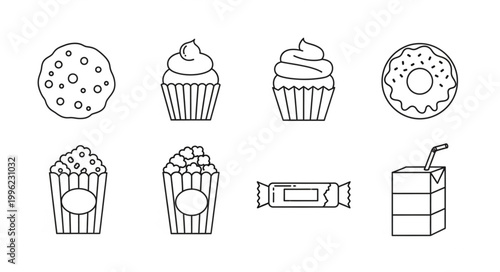 Collection of sweet treats and snacks in a simple line art style.