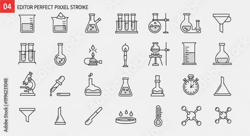Collection of science laboratory equipment icons hand drawn style.