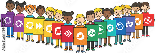 Diverse Group of Children Holding Colorful Recycling and Sustainability Icons for Environmental Awareness