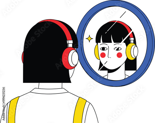 Person with Headphones Looking into Mirror Illustration with Colorful Design