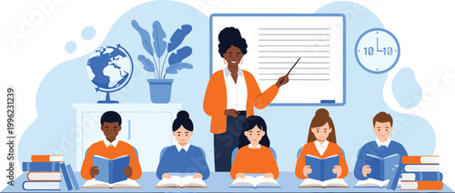 Classroom Learning Concept with Teacher and Students Reading Books in Front of a Whiteboard