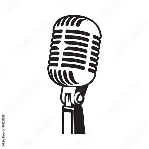 Retro condenser microphone icon in classic silhouette style for vintage audio recording equipment.