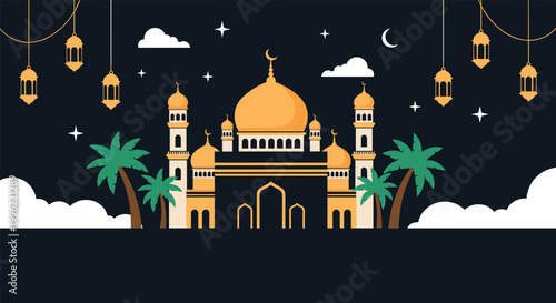 Beautiful Mosque Silhouette with Golden Domes and Palm Trees