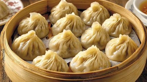 Abundant Steamed Pork Dumplings in Bamboo Basket, Asian Delicacy, Culinary Art, Freshly Prepared