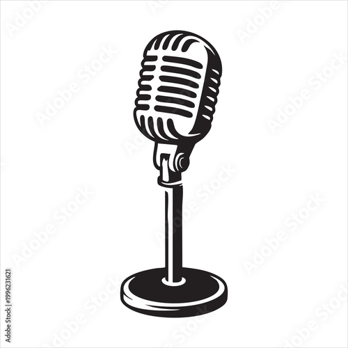 Photos Classic vintage microphone on desktop stand for professional podcasting and vocal studio recording