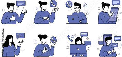Communication and Customer Service Concept Illustration with People Using Phones, Laptops, and Messaging Apps