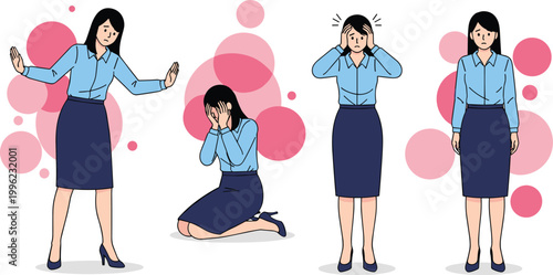 Businesswoman Emotional Expression Set with Stress, Frustration, and Relief in Professional Attire
