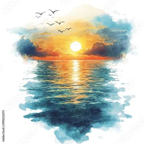 Obraz na plátně Sunset Over Calm Ocean, playful watercolor vector depicting lively antics and expressive gestures, isolated on a white background