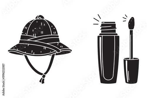 Black silhouette of a pith helmet and a bottle of mascara with a wand, adventure
