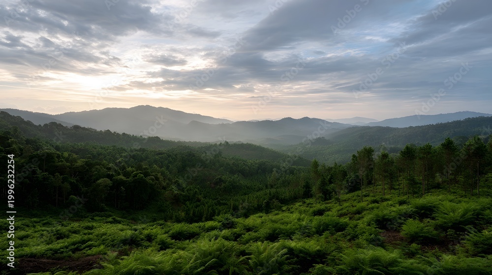Fototapeta premium Dense tropical foliage covers rolling hills under a soft moody overcast sky at dawn