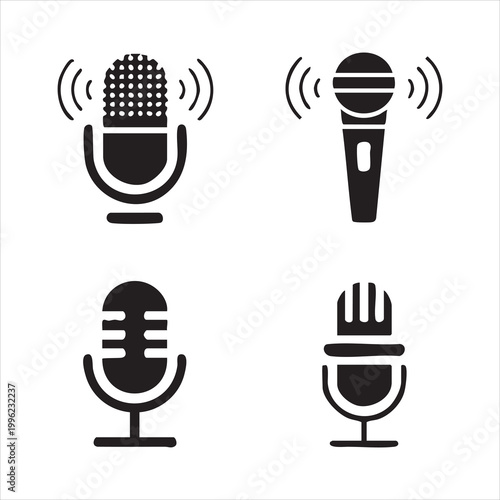 Set of diverse microphone icons including handheld and condenser styles for various audio projects.