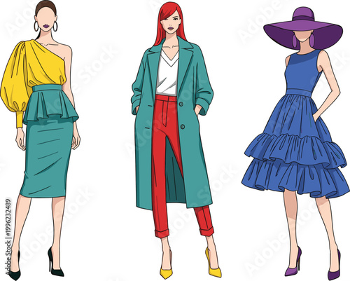 Fashionable Women’s Clothing Illustration Set with Stylish Dresses, Coats, and High Heels