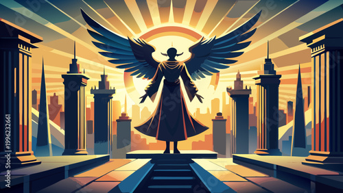 Fantasy angel, winged figure, cityscape background, sunset, illustration, vector graphic