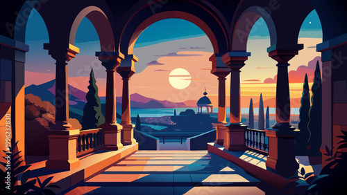 Mediterranean villa, arched walkway, sunset landscape, vector illustration