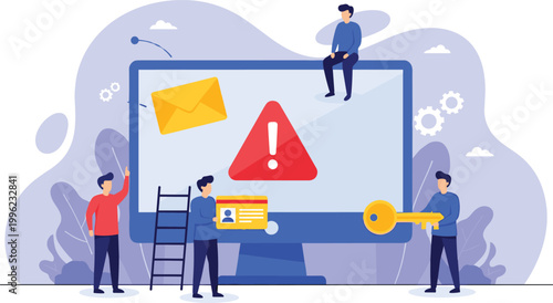 Cybersecurity Concept Illustration with Error Alerts, Identity Protection, and Key for Data Security