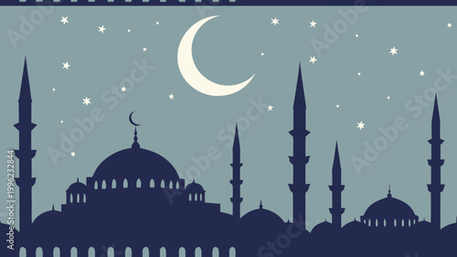 Mosque silhouette, Islamic architecture, night sky, crescent moon, stars, vector illustration